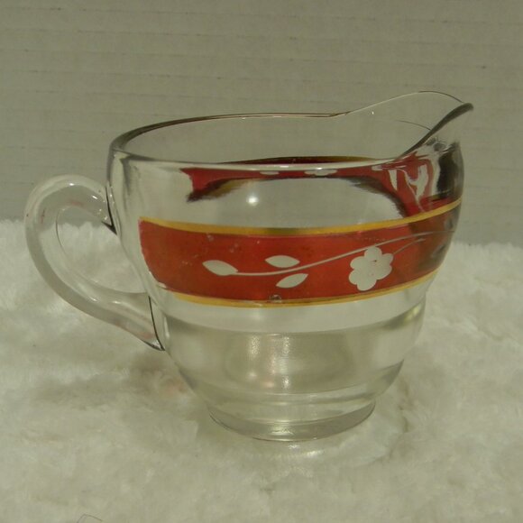 Vintage Bartlett Collins Red Gold Creamer Jar Etched Glass - Picture 1 of 5